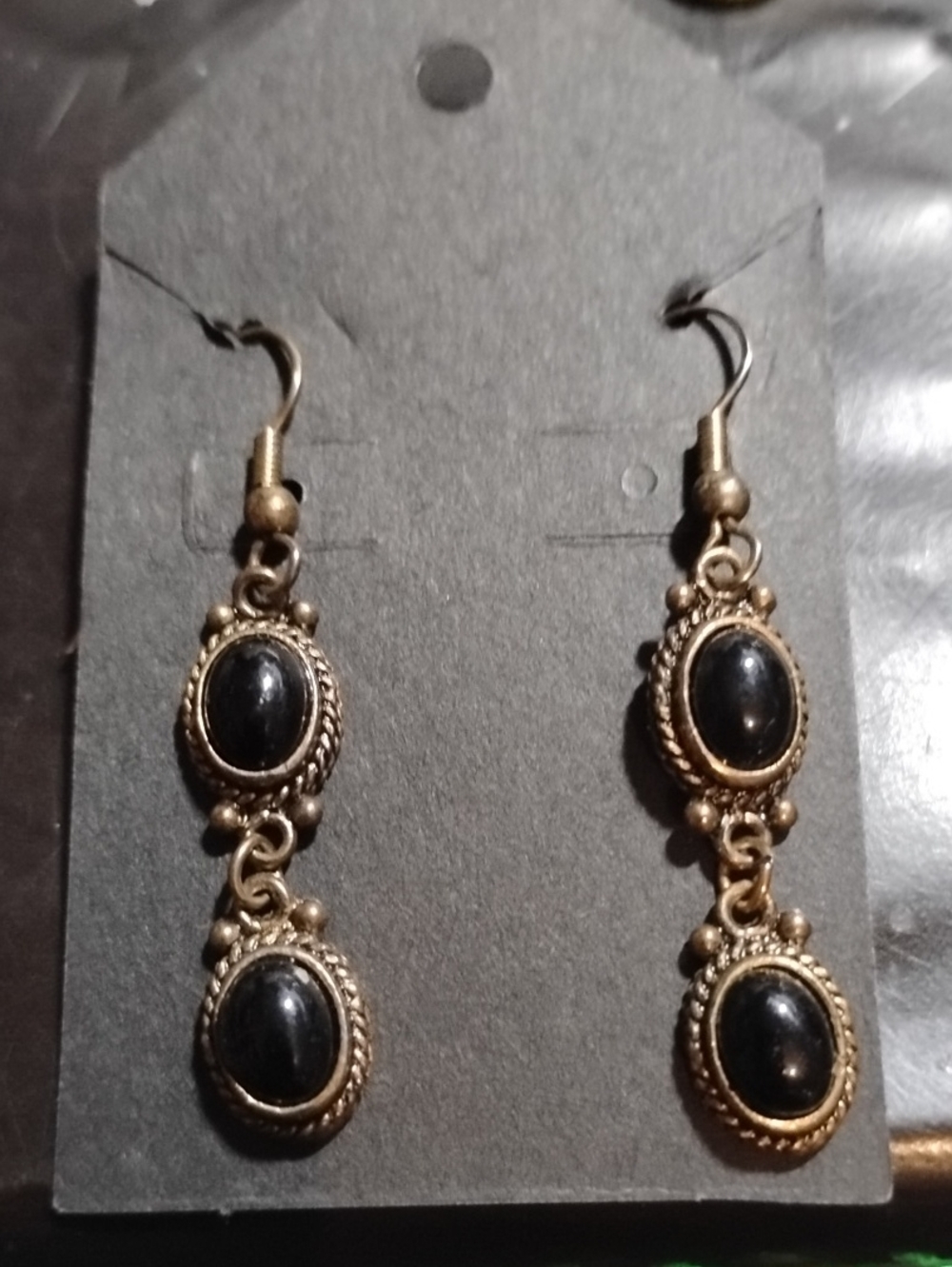Bronze-Tone Black Stone Double Drop Earrings 2"L Women's Fashion Jewelry Pierced